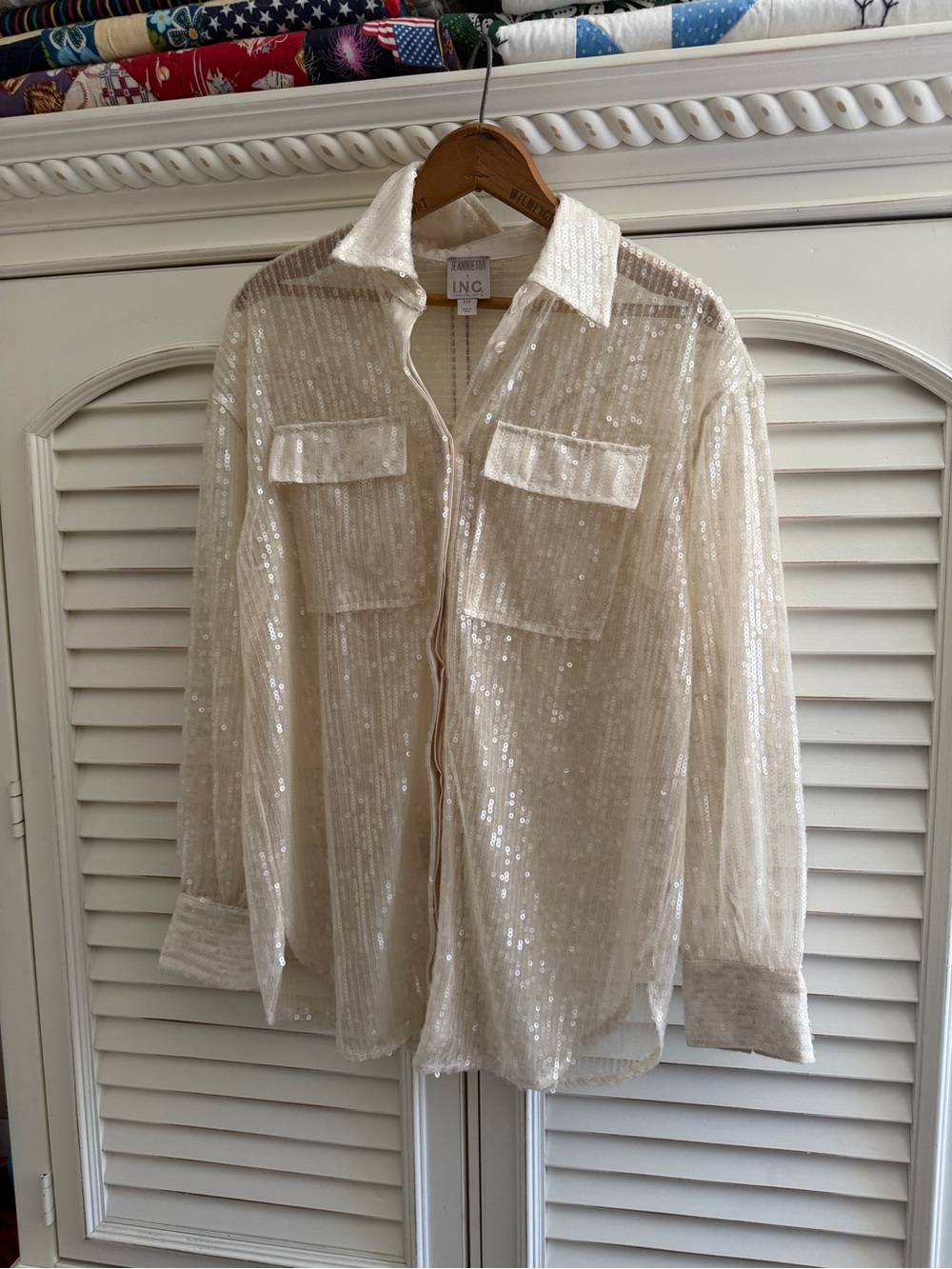 INC International Concepts Cream Sequin Button-Down Shirt